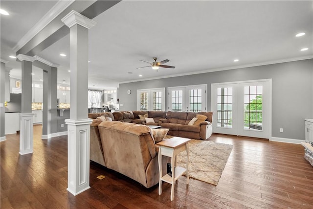 1272 Mcewen Rd, Cecil, PA 15317 - living room featuring ornate columns, a ceiling fan, recessed lighting, dark wood-style flooring, and crown molding