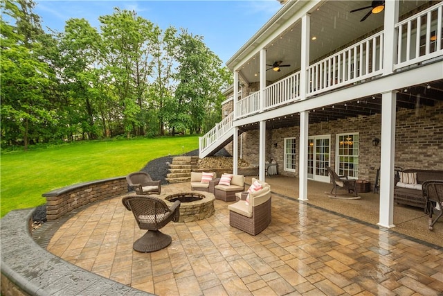 1272 Mcewen Rd, Cecil, PA 15317 - view of patio / terrace featuring ceiling fan, an outdoor living space with a fire pit, stairs, and a balcony