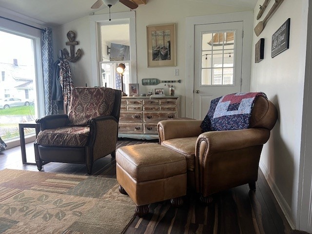 11863 Lakeview, Conneaut Lake Cra, PA 16316 - living area with lofted ceiling, wood finished floors, a ceiling fan, and healthy amount of natural light