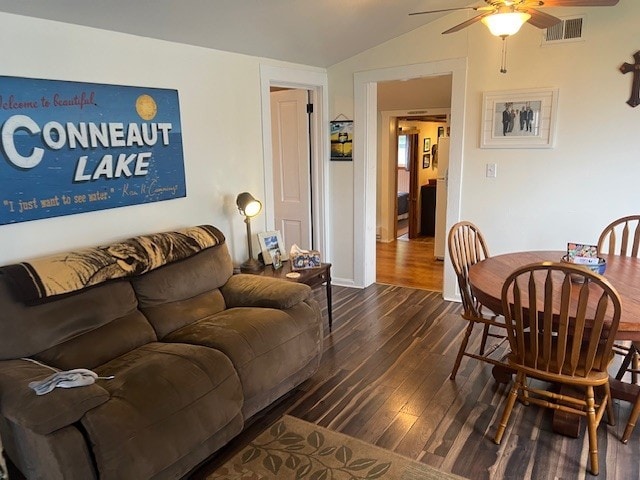 11863 Lakeview, Conneaut Lake Cra, PA 16316 - living room featuring dark wood finished floors, a ceiling fan, and vaulted ceiling
