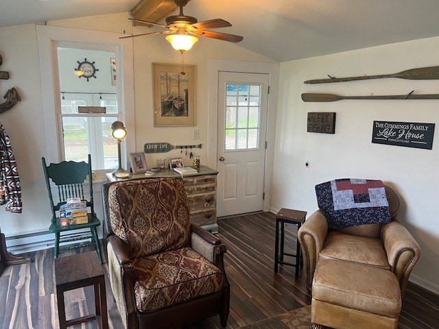 11863 Lakeview, Conneaut Lake Cra, PA 16316 - living area featuring vaulted ceiling, wood finished floors, ceiling fan, and baseboards