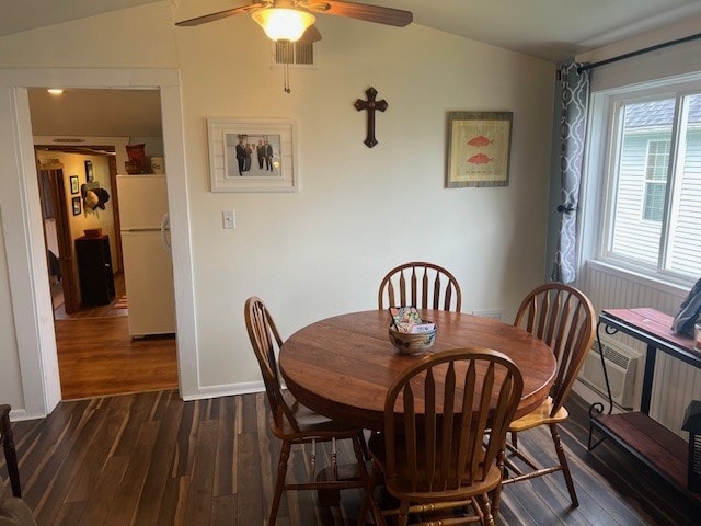 11863 Lakeview, Conneaut Lake Cra, PA 16316 - dining space with ceiling fan, vaulted ceiling, dark wood-type flooring, and baseboards