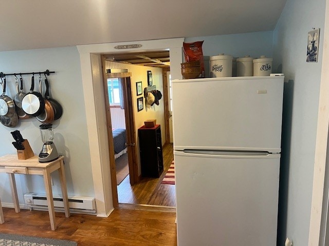 11863 Lakeview, Conneaut Lake Cra, PA 16316 - kitchen with freestanding refrigerator, a baseboard radiator, and wood finished floors