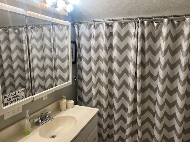 11863 Lakeview, Conneaut Lake Cra, PA 16316 - full bath with vanity, a textured ceiling, and a shower with curtain