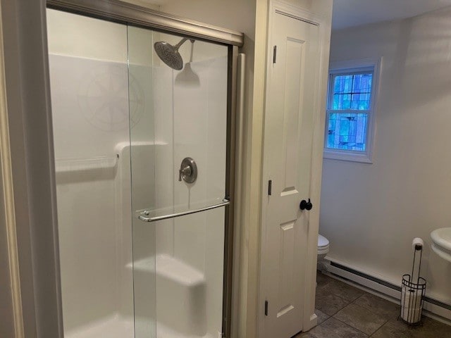 11863 Lakeview, Conneaut Lake Cra, PA 16316 - full bath with toilet, a stall shower, baseboard heating, and tile patterned floors