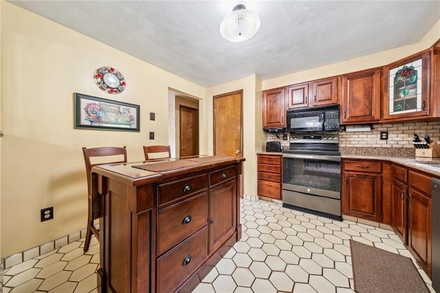 1967 Rostraver, Rostraver, PA 15012 - kitchen with black microwave, electric stove, backsplash, and dishwasher