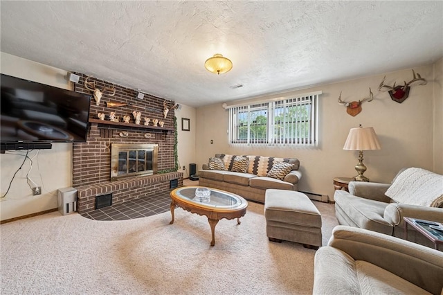 1967 Rostraver, Rostraver, PA 15012 - carpeted living area with a textured ceiling, a brick fireplace, a baseboard radiator, and baseboards
