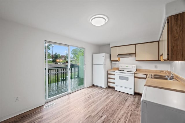 303 Laporte Ct, Cranberry Twp, PA 16066 - kitchen featuring white appliances, a sink, under cabinet range hood, light countertops, and light wood-type flooring