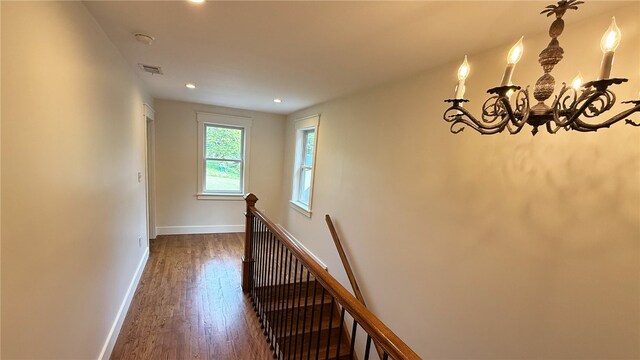 102 Green Vista Dr, Ohio Twp, PA 15237 - corridor with an upstairs landing, a chandelier, dark wood finished floors, and recessed lighting