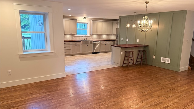 102 Green Vista Dr, Ohio Twp, PA 15237 - kitchen with stainless steel dishwasher, decorative backsplash, a chandelier, a kitchen bar, and decorative light fixtures