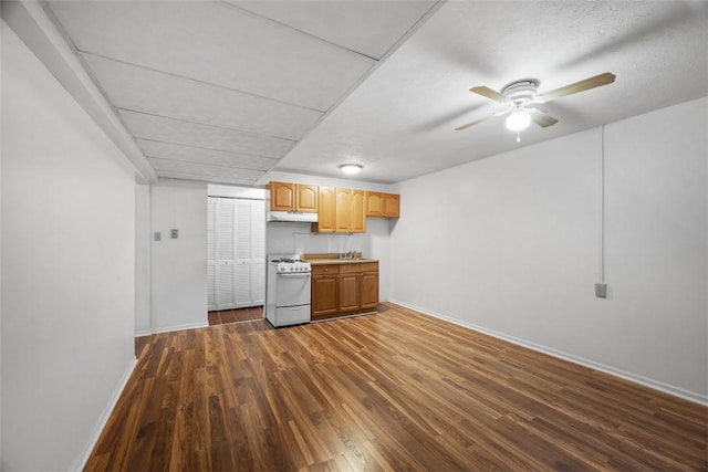 803 E Arcadia Dr, Mccandless, PA 15237 - kitchen with white gas range, under cabinet range hood, baseboards, and dark wood-style flooring
