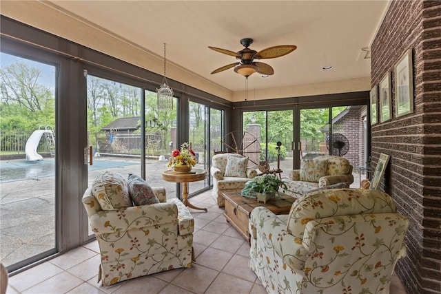 138 Presnar Dr, Neshannock Twp, PA 16105 - sunroom / solarium featuring an outdoor hangout area, tile patterned flooring, and a ceiling fan