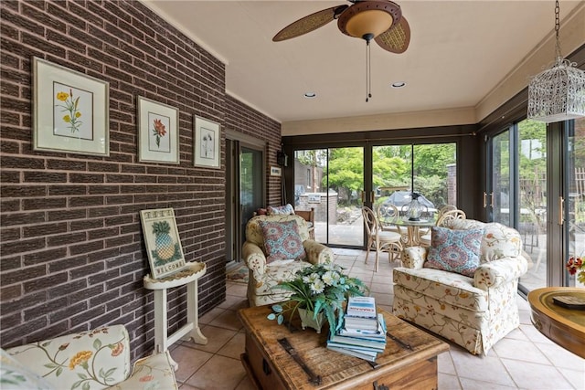 138 Presnar Dr, Neshannock Twp, PA 16105 - sunroom / solarium with tile patterned floors, brick wall, healthy amount of natural light, and ceiling fan