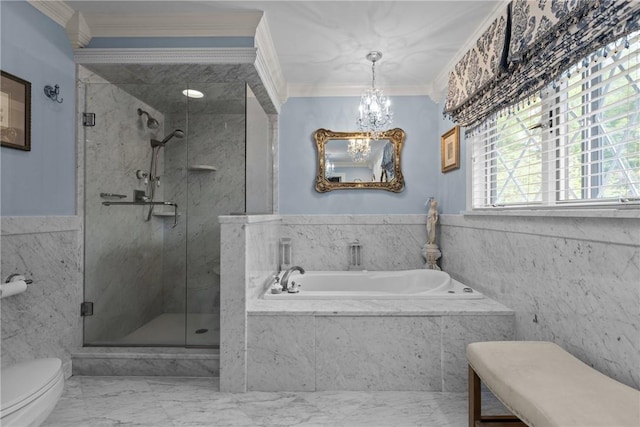 138 Presnar Dr, Neshannock Twp, PA 16105 - bathroom featuring tile walls, a garden tub, marble finish flooring, toilet, and a marble finish shower