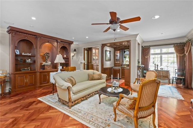 138 Presnar Dr, Neshannock Twp, PA 16105 - living area featuring ornamental molding, a ceiling fan, and recessed lighting