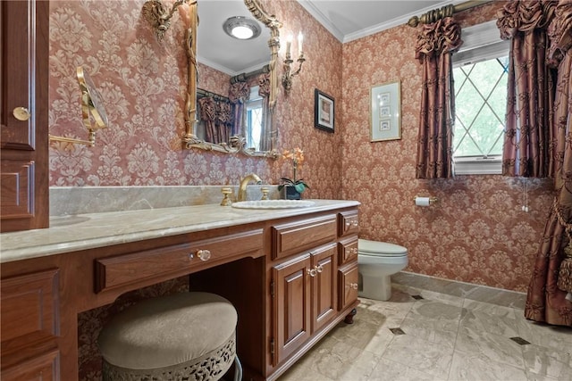 138 Presnar Dr, Neshannock Twp, PA 16105 - bathroom with wallpapered walls, vanity, crown molding, toilet, and baseboards