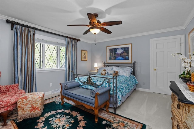 138 Presnar Dr, Neshannock Twp, PA 16105 - carpeted bedroom with baseboards, ornamental molding, and ceiling fan