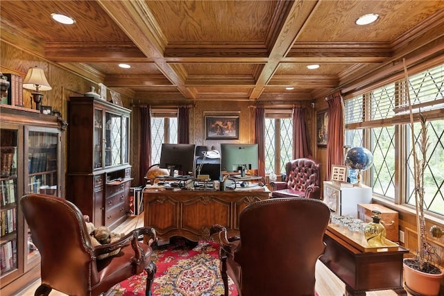 138 Presnar Dr, Neshannock Twp, PA 16105 - office with wooden ceiling with exposed beams, wood walls, recessed lighting, plenty of natural light, and coffered ceiling