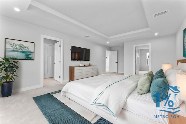 2431 Demare Dr, Bethel Park, PA 15102 - bedroom with a raised ceiling, recessed lighting, baseboards, light colored carpet, and connected bathroom