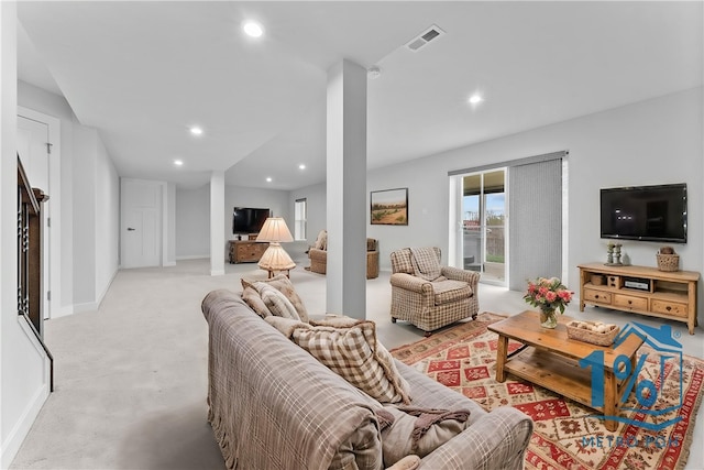 2431 Demare Dr, Bethel Park, PA 15102 - living room featuring recessed lighting, light carpet, and baseboards