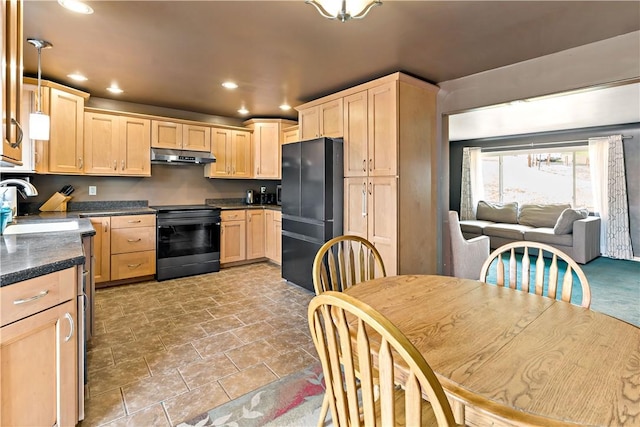 225 Larson Blvd, Rostraver, PA 15012 - kitchen with black appliances, a sink, light brown cabinetry, under cabinet range hood, and dark countertops