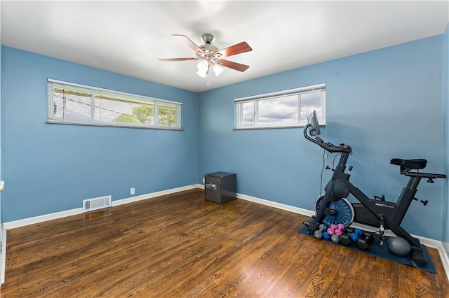 225 Larson Blvd, Rostraver, PA 15012 - workout room featuring a ceiling fan, wood finished floors, and baseboards