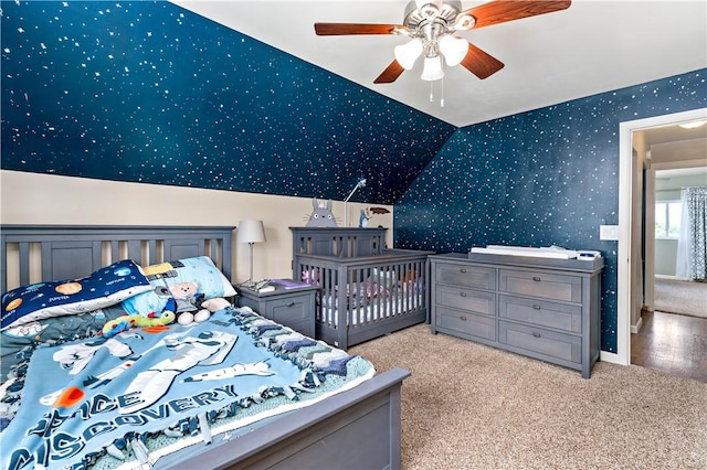 225 Larson Blvd, Rostraver, PA 15012 - carpeted bedroom featuring wallpapered walls and vaulted ceiling