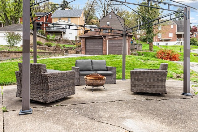 1900 Ardmore Blvd, Forest Hills Boro, PA 15221 - view of patio with a residential view, a detached garage, an outdoor structure, and an outdoor living space with a fire pit