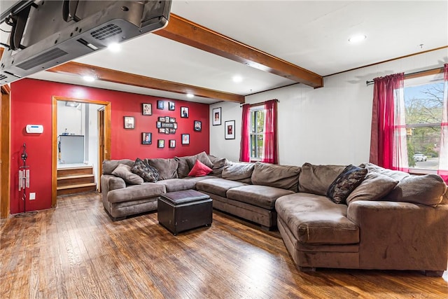 1900 Ardmore Blvd, Forest Hills Boro, PA 15221 - living room with hardwood / wood-style flooring, beam ceiling, plenty of natural light, recessed lighting, and stairs