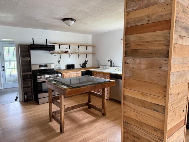 15 Miner Ave, Bentleyville, PA 15314 - kitchen featuring stainless steel appliances, ventilation hood, open shelves, light wood-style floors, and a textured ceiling