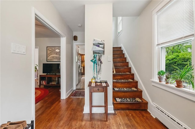 404 Lenox Ave, Forest Hills Boro, PA 15221 - stairs with a baseboard radiator, wood finished floors, and baseboards