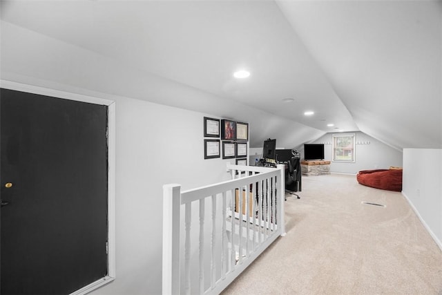 190 Elm St, Daugherty Twp, PA 15066 - hall with vaulted ceiling, an office area, carpet floors, baseboards, and recessed lighting