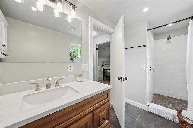 9440 Peebles Rd, Mccandless, PA 15101 - full bathroom with a tile shower, vanity, and tile patterned flooring