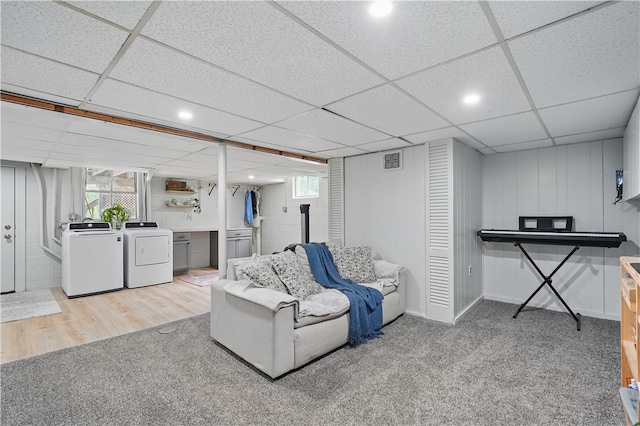 9440 Peebles Rd, Mccandless, PA 15101 - carpeted living area with washer and clothes dryer, a drop ceiling, recessed lighting, and baseboards