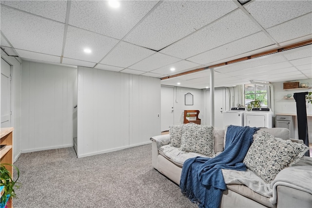 9440 Peebles Rd, Mccandless, PA 15101 - carpeted living room with washer and clothes dryer, recessed lighting, a drop ceiling, and baseboards