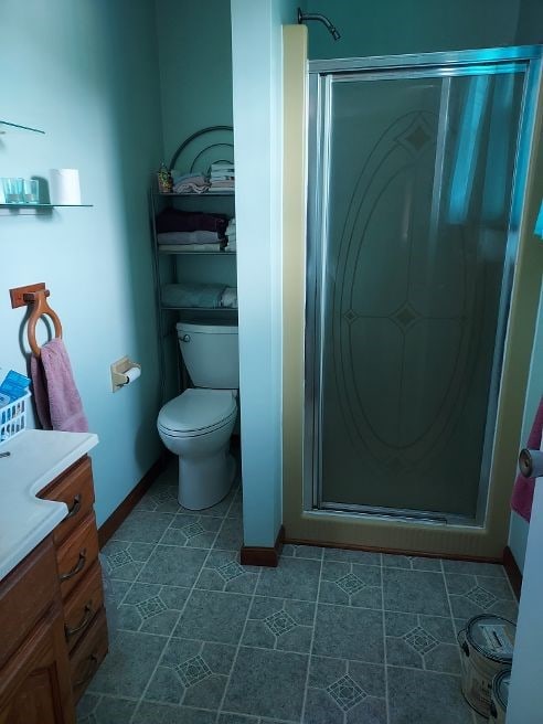 1046 Elicker Rd, Plum Boro, PA 15068 - bathroom with vanity, a shower stall, toilet, and baseboards