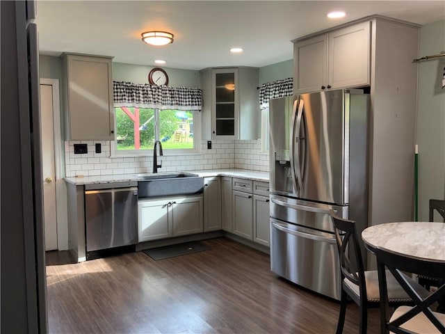 600 Moore Rd, South Franklin, PA 15301 - kitchen with appliances with stainless steel finishes, gray cabinets, a sink, backsplash, and recessed lighting