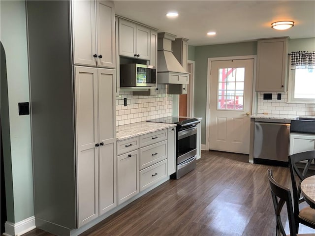 600 Moore Rd, South Franklin, PA 15301 - kitchen with appliances with stainless steel finishes, custom range hood, dark wood-style flooring, decorative backsplash, and recessed lighting