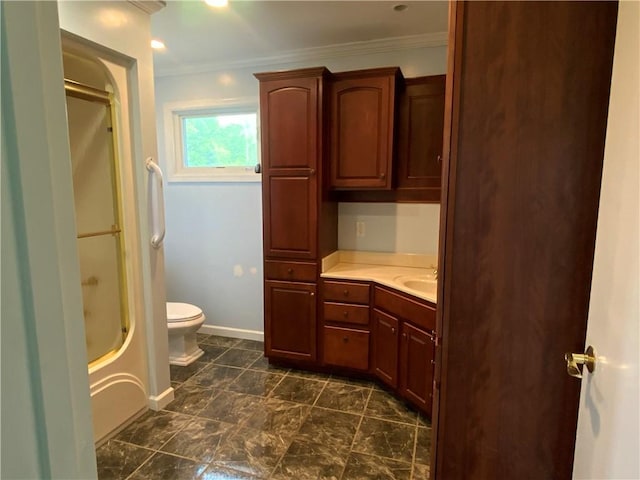 600 Moore Rd, South Franklin, PA 15301 - full bath with toilet, crown molding, vanity, shower / bath combination, and baseboards