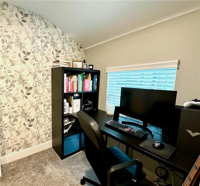 3301 Hazelhurst Ave, Baldwin Boro, PA 15227 - carpeted office featuring wallpapered walls, vaulted ceiling, and baseboards