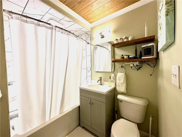 3301 Hazelhurst Ave, Baldwin Boro, PA 15227 - full bath with shower / bath combination with curtain, vanity, toilet, wood ceiling, and ornamental molding