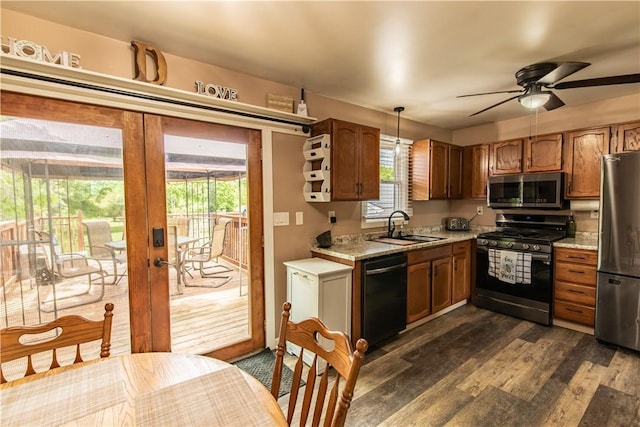 229 Holyoke Rd, Center Twp But, PA 16001 - kitchen featuring stainless steel appliances, dark wood-style flooring, a sink, ceiling fan, and french doors