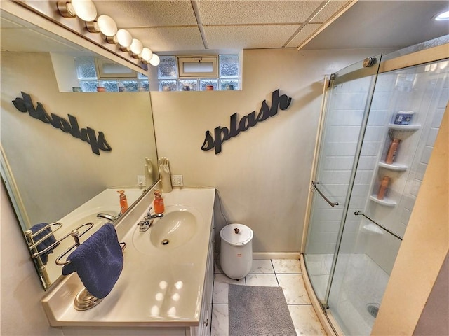 1013 Charles Dr, Union Twp Law, PA 16101 - bathroom with a shower stall, vanity, a drop ceiling, toilet, and baseboards