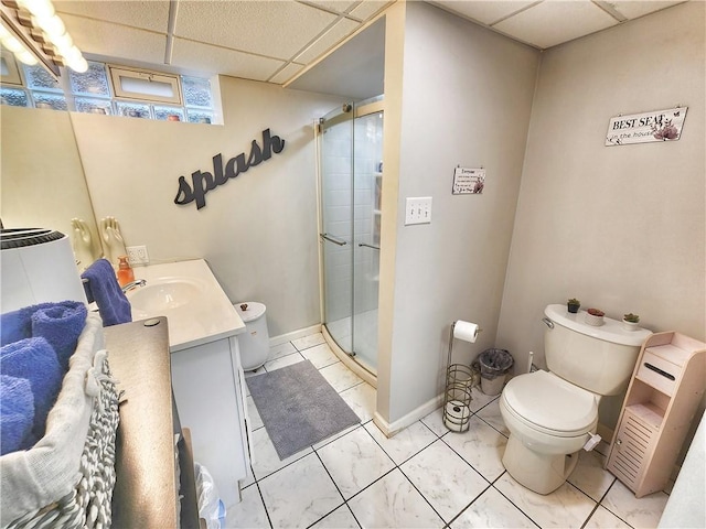 1013 Charles Dr, Union Twp Law, PA 16101 - bathroom featuring toilet, a drop ceiling, vanity, a shower stall, and baseboards