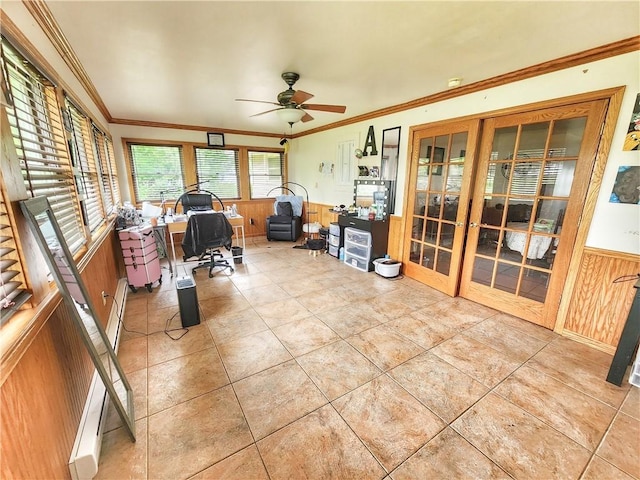1013 Charles Dr, Union Twp Law, PA 16101 - office with a wainscoted wall, french doors, ornamental molding, a ceiling fan, and wood walls