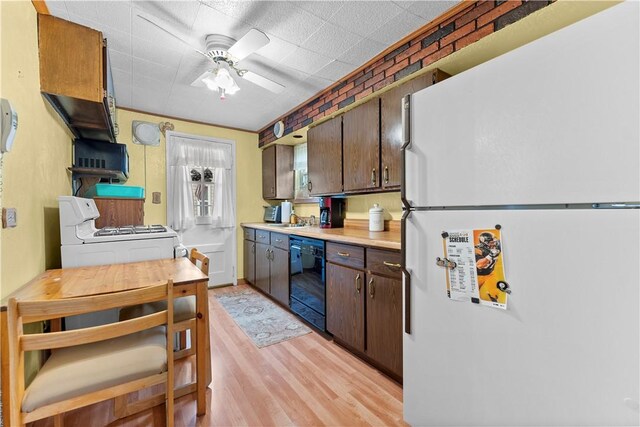 922 Bower Hill Rd, Mt Lebanon, PA 15243 - kitchen with white appliances, light wood-style floors, ceiling fan, light countertops, and dark brown cabinets