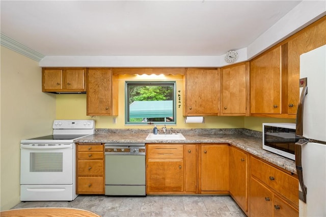 541 W Danville Rd, Oakland Twp, PA 16025 - kitchen with white appliances, a sink, brown cabinets, and crown molding