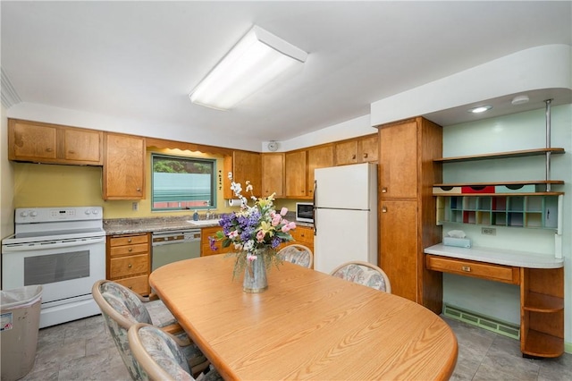 541 W Danville Rd, Oakland Twp, PA 16025 - kitchen featuring white appliances, a sink, brown cabinetry, and open shelves