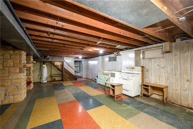 541 W Danville Rd, Oakland Twp, PA 16025 - below grade area with gas water heater, stairway, wooden walls, and dark flooring