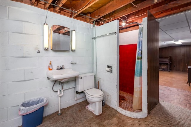541 W Danville Rd, Oakland Twp, PA 16025 - bathroom with a shower stall, toilet, a wood stove, and a sink